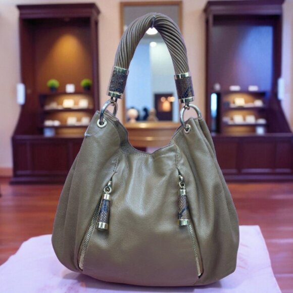 Michael Kors Collection Tonne Taupe Leather Python Trim Hobo Bag - Picture 1 of 4